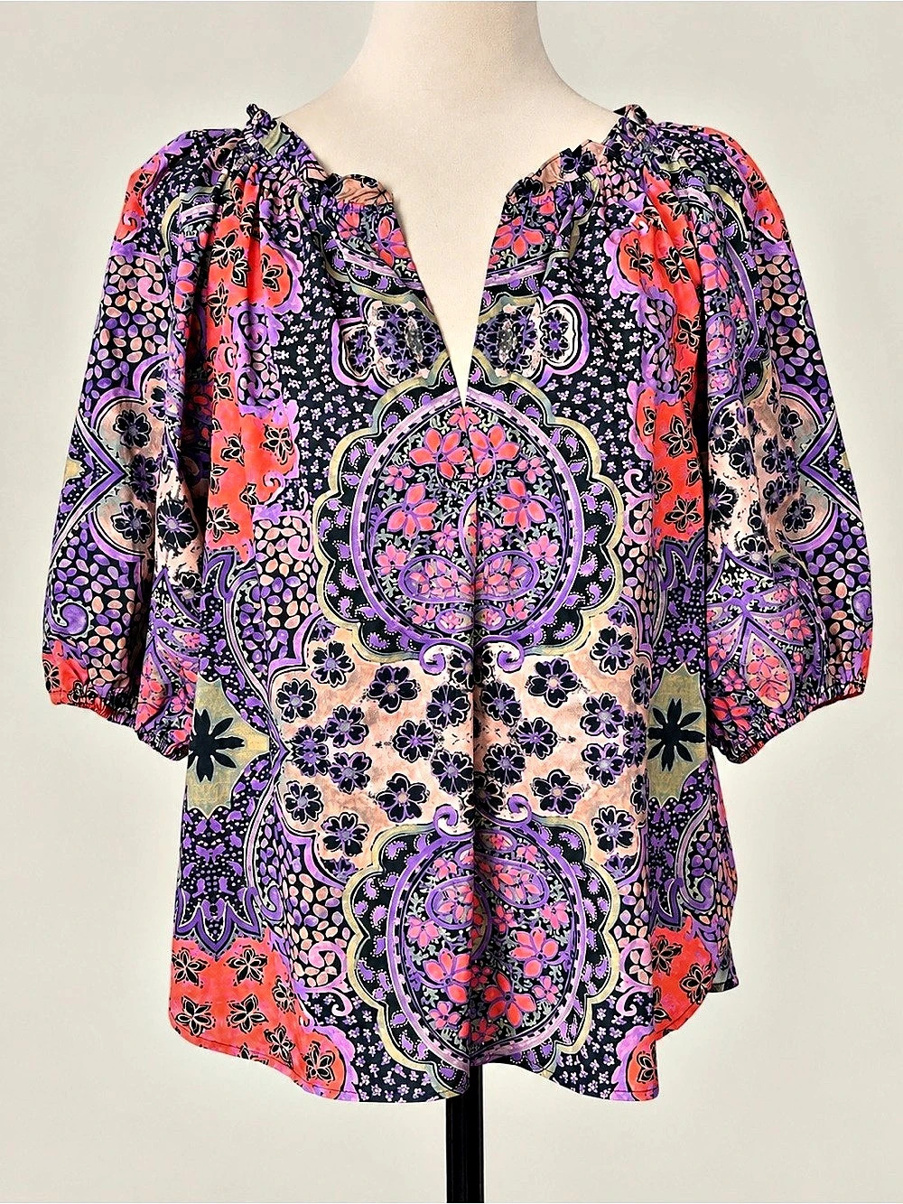 Xirena Paisley Floral Cotton Blouse Medium Puff Sleeve Boho Top
